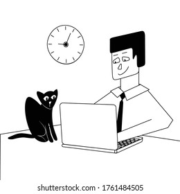 Working day. Work at home, pets. The beginning of the working day of remote work. Flat illustration, cartoon graphics.