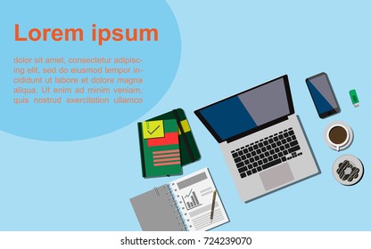 Working desk area with copy space for your text - with laptop notebook working paper and snack (chocolate donut and a cup of coffee)