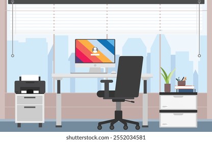 Fondo de escritorio de trabajo en vista frontal, espacio de trabajo limpio de piso a techo ventana con vista a la ciudad, fondo de oficina con monitor de computadora y escritorio.
