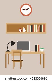 Working desk with bookshelf, Flat design, Interior, living room, vector, Illustration, 