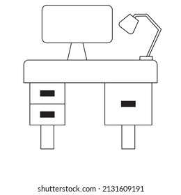 
escritorio con ordenador y lámpara. Ilustración de Office - icono - blanco