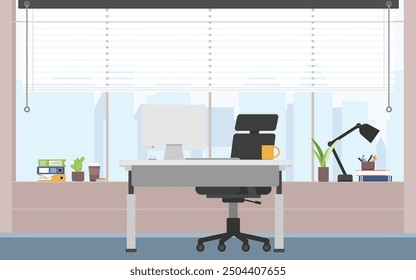 Working desk with computer for one people, Clean working space wide floor-to-ceiling window with city view, Office background with computer monitor and desk.