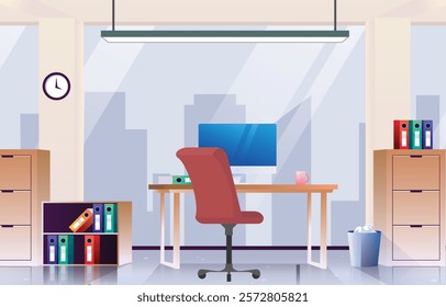 Working desk with computer for one people, Clean working space wide floor-to-ceiling window with city view, Office background with computer monitor and desk.