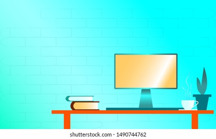 
Working desk with computer.books and coffee cup on the table.