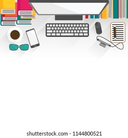 Working desk consist of computer, books, smartphone, camera, coffee, and stationary item