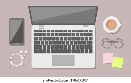 Working desk flat vector, stationery set, isolated laptop, smartphone, coffee, earphone, eyeglasses, and sticky notes. Office workspace top view, workstation from above, flat lay desk illustration.