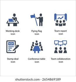 Working desk, Flying flag, Team report, Stamp deal, Conference table, Team collaboration, icon
