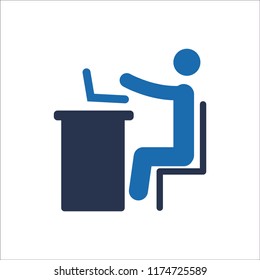 Working At Desk Icon, Businessman Working on Computer Vector illustration