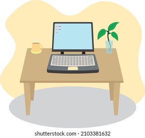 working desk laptop and coffee in flat color