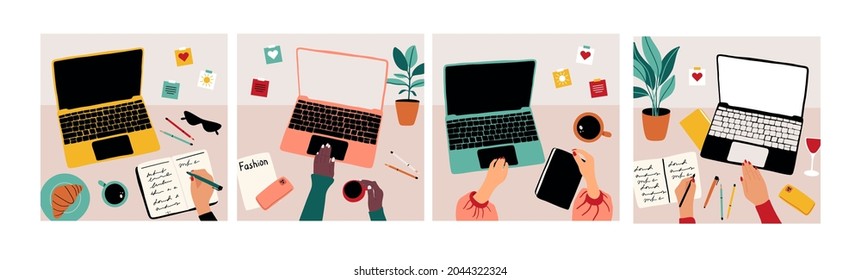 Working desk with laptop. Set of cards, home workplace computer, hand drawn hands and notebook screen. Vector illustration