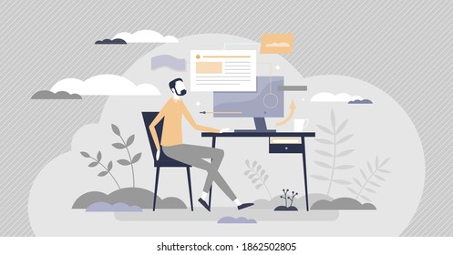 Working desk with office manager and pc browsing process tiny person concept. Workplace with computer work as clerk routine in workspace vector illustration. Abstract interior with workstation objects