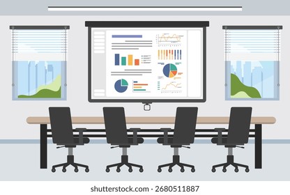 Mesa de trabalho em frente a uma tela exibindo dados sem pessoas.