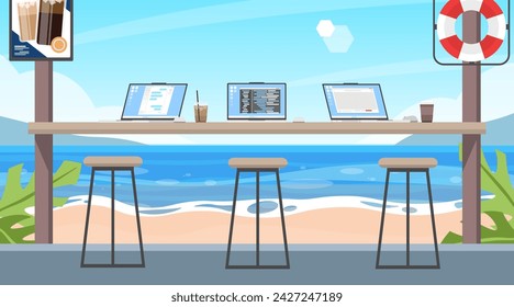 Working desk on sea beach with laptop, Workation, Coffee shop on summer beach view, Empty cafe interior, Background illustration.