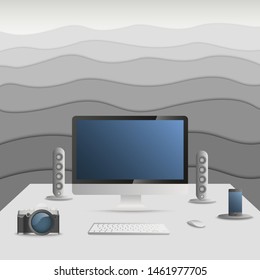 Working desk with personal computer, photo camera, speakers, mobila phone. Vector illustration