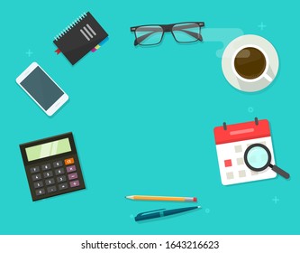 Working desk table above with copy space text or work place desktop top view with coffee cup and research objects vector flat cartoon illustration, education or study place modern trendy design