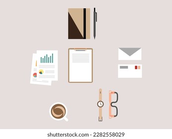 Working desk table above with copy space text or work place desktop top view with coffee cup and research objects vector flat illustration, education or study place modern trendy design .