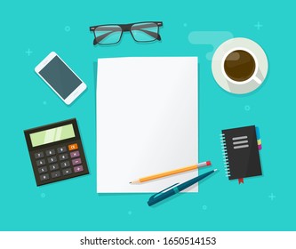 Working desk table flat lay top view with education or study objects and blank paper sheet page vector illustration flat cartoon, idea of business office  desktop, school learning copy space for text