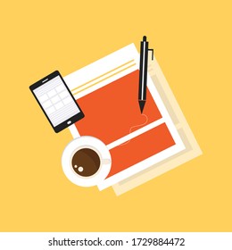 Working desk table flat lay top view with education or study objects and paper sheet page vector