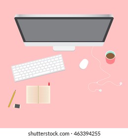 Working desk top view flat design vector illustration