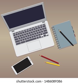 Working Desk Top View - Laptop, Mobile Phone, Pencils, Notebook