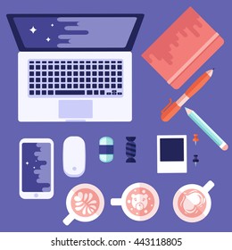 Working Desk vector flat Set. Coffee latte art with eraser, photo frame, pins, pen with pencil and laptop, smartphone and computer mouse. Office equipment. 