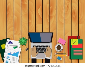Working desk from wooden with copy space for your text - with laptop notebook and working paper on the table desk