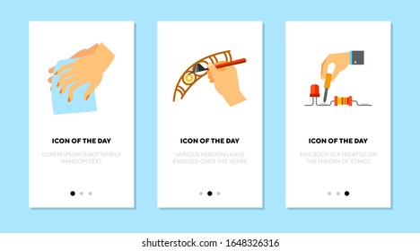 Working with details flat icon set. Profession, tool isolated vector sign pack. Hobby and craftwork concept. Vector illustration symbol elements for web design and apps