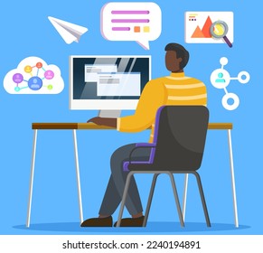 Working with digital data development using computer, person at office desk doing tasks on laptop. Man works with information at workplace, communicates. Manager works in management, entrepreneurship