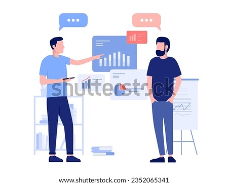 Working and discussing business data - Two office people talking and looking at financial charts and diagram with speech bubble. Flat design vector illustration with white background