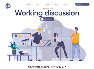 Working discussion landing page with header. Team of colleagues discussing project near whiteboard with infographics scene. Corporate teamwork situation, debating at work flat vector illustration.