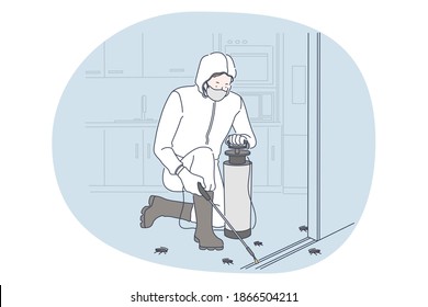 Working with disinfecting, job, profession concept. Man professional exterminator in white protective uniform and boots disinfecting apartment from cockroach and insects. Job specialist, work