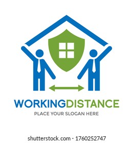 Working distance vector logo template. This design use human and home shield symbol. Suitable for stop submission of virus.