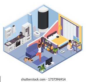 Working distantly following gym program online during corona virus stay home isometric apartment interior vector illustration 