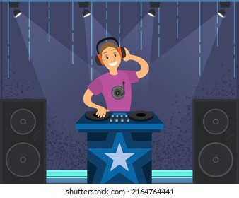 Working as dj in club concept. Young smiling man teen cartoon character standing and making musical mix with special equipment and working as dj feeling fun at party, knees-up in night club