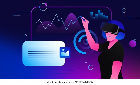 Working with documents and graphs in Metaverse. Virtual Reality Office Worker Graphic Illustration. Vector illustration