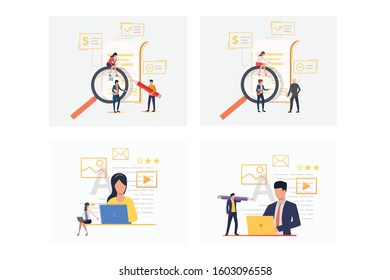 Working with documents set. Legal experts checking contracts, using computers. Flat vector illustrations. Business, paperwork, expertise concept for banner, website design or landing web page