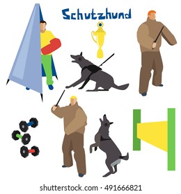 Working dog and schutzhund dog sport equipment. Guard dog isolated on white background. Jumping obstacles illustration.