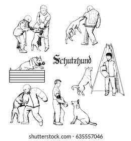 Working dog sketches. Schutzhund dog sport training illustration. Hand drawn dog trainers in action. Dog sport equipment.