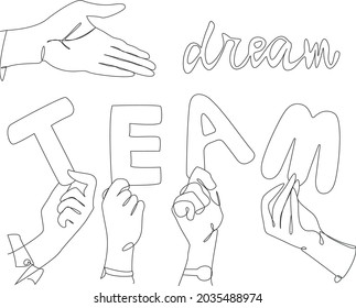 Working in a dream team. The hands hold the letters. Vector line art illustration.