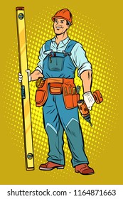 working with a drill, home repair. Pop art retro vector illustration vintage kitsch