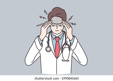 Working During COVID-19 Epidemic Concept. Portrait Of Stressed Man Doctor Cartoon Character Wearing White Working Uniform Feeling Stressed During Coronavirus Pandemic Vector Illustration 