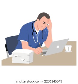 Working during COVID-19 epidemic concept. Portrait of stressed man doctor cartoon character wearing working uniform feeling stressed with laptop and paper in front of him