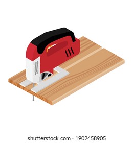 Trabajar con sierra eléctrica aislada en vista isométrica de fondo blanco. Vector