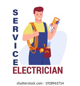 Working electrician with tools. Wires, tester in hands. Service electrician. Vector illustration in flat cartoon style. Isolated on a white background.