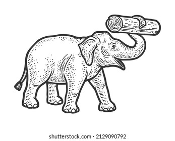 working elephant with log in its trunk sketch engraving vector illustration. T-shirt apparel print design. Scratch board imitation. Black and white hand drawn image.