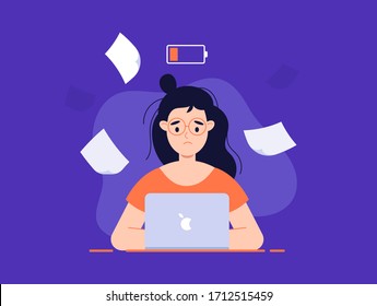 Working embaressed girl. Overworking concept, low battery energy, Flat design vector illustration. 