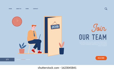Working Employment Process, Choosing Candidate Website Landing Page. Applicant Waiting Job Interview Appointment Sitting in Hallway at Door Web Page Banner. Cartoon Flat Vector Illustration, Line Art