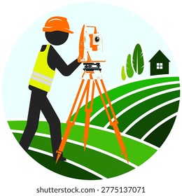 Working engineer stands with a surveying instrument on a land plot