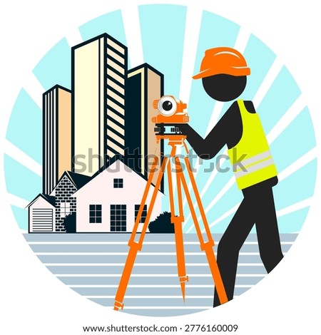 Working engineer stands with a surveying instrument, residential buildings and land plots