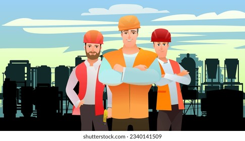 Working engineers factory. Industry characters in special clothes and helmet. Industrial landscape. Funny cartoon style. Vector